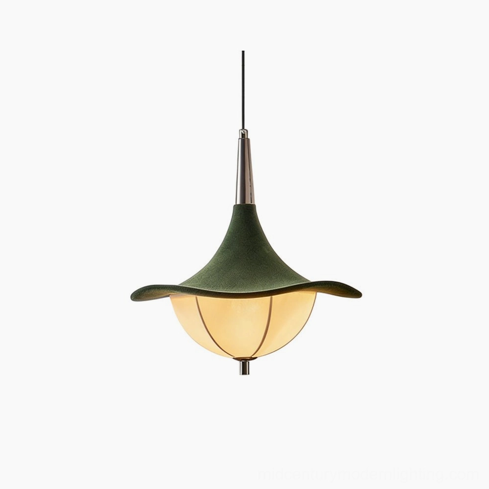 Vadar mid-century modern pendant light with dark green suede dome and beige fabric segmented shade, front studio view