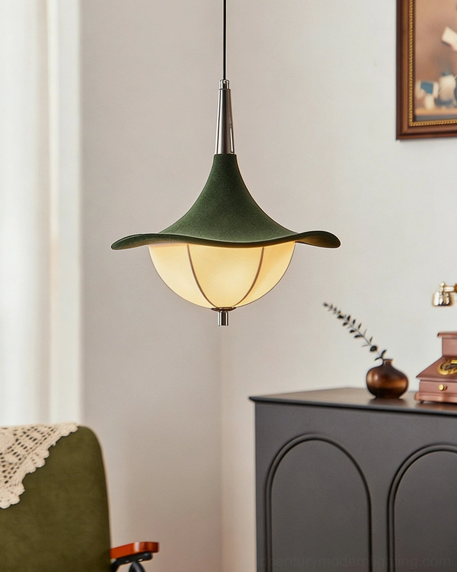Vadar mid-century modern pendant in vintage living room with arched cabinet and wall art