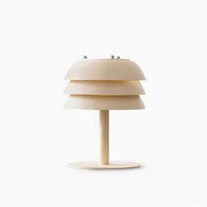 Valencia tiered table lamp front view, matte cream metal finish, mid-century modern design, geometric cylindrical tiers