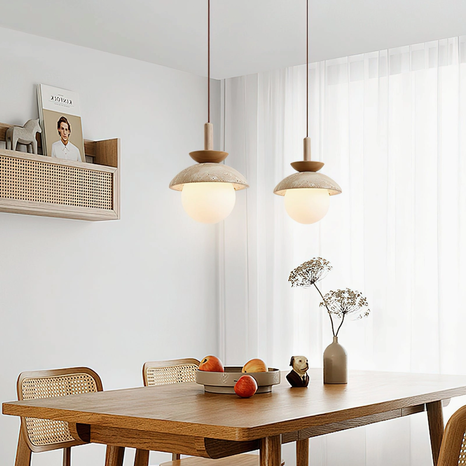 Two Valerie pendant lights arranged above dining table in modern minimalist interior with warm neutral decor