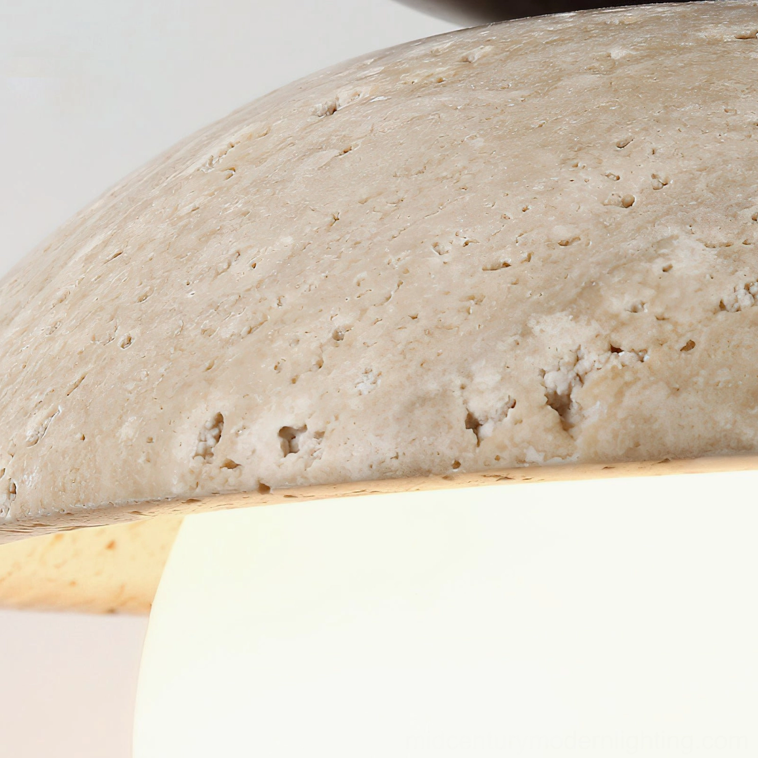 Complete Valerie pendant light fixture with wood frame assembly and travertine shade side profile view