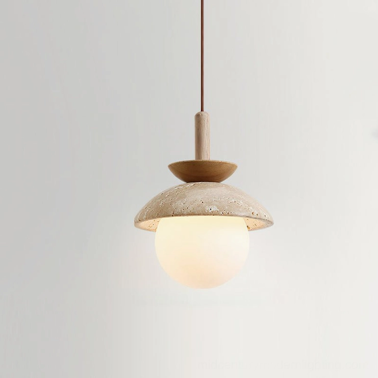 Single Valerie pendant light with natural wood finish and travertine stone shade in neutral interior setting
