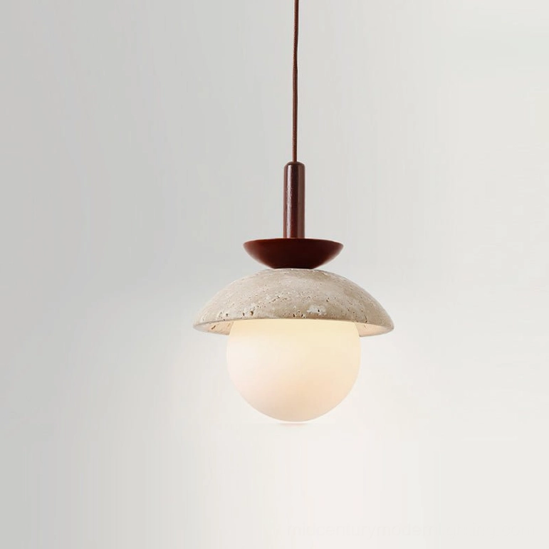 Valerie one-light pendant in walnut wood with beige travertine shade as minimalist accent lighting