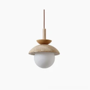 Valerie travertine pendant light with natural stone shade and wood frame against white background