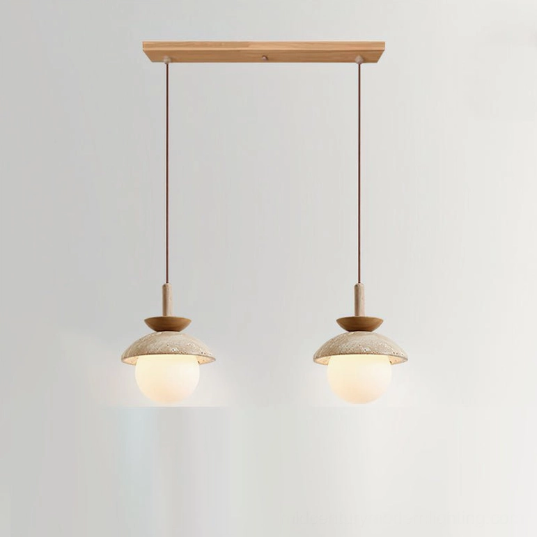 Two Valerie pendant lights in natural wood and beige travertine arranged in contemporary dining room setting
