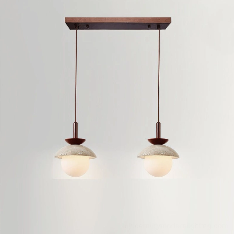 Valerie two-light pendant configuration in walnut and beige for kitchen island or dining area installation