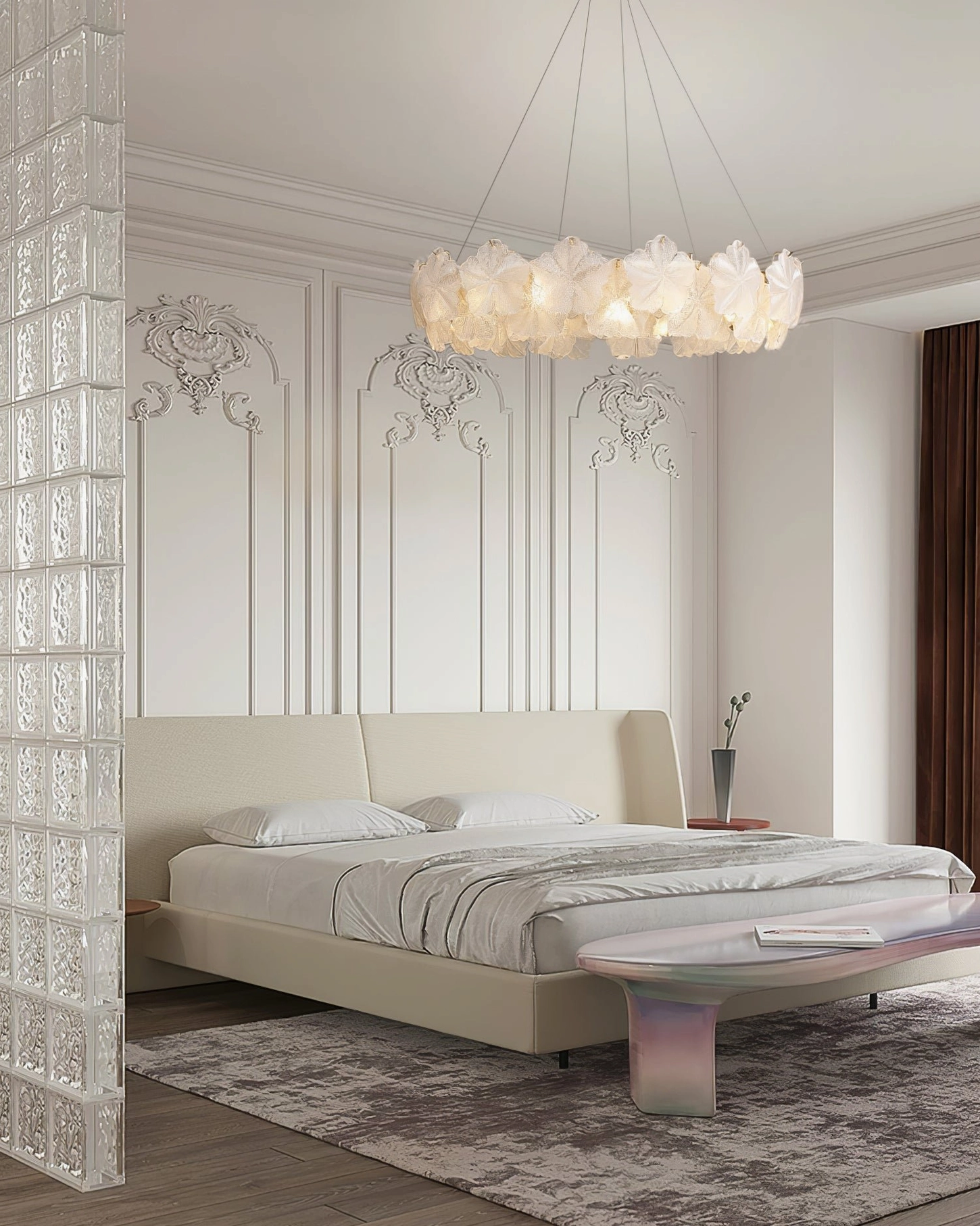 Single-layer Valery petal glass chandelier in French bedroom with glass brick wall