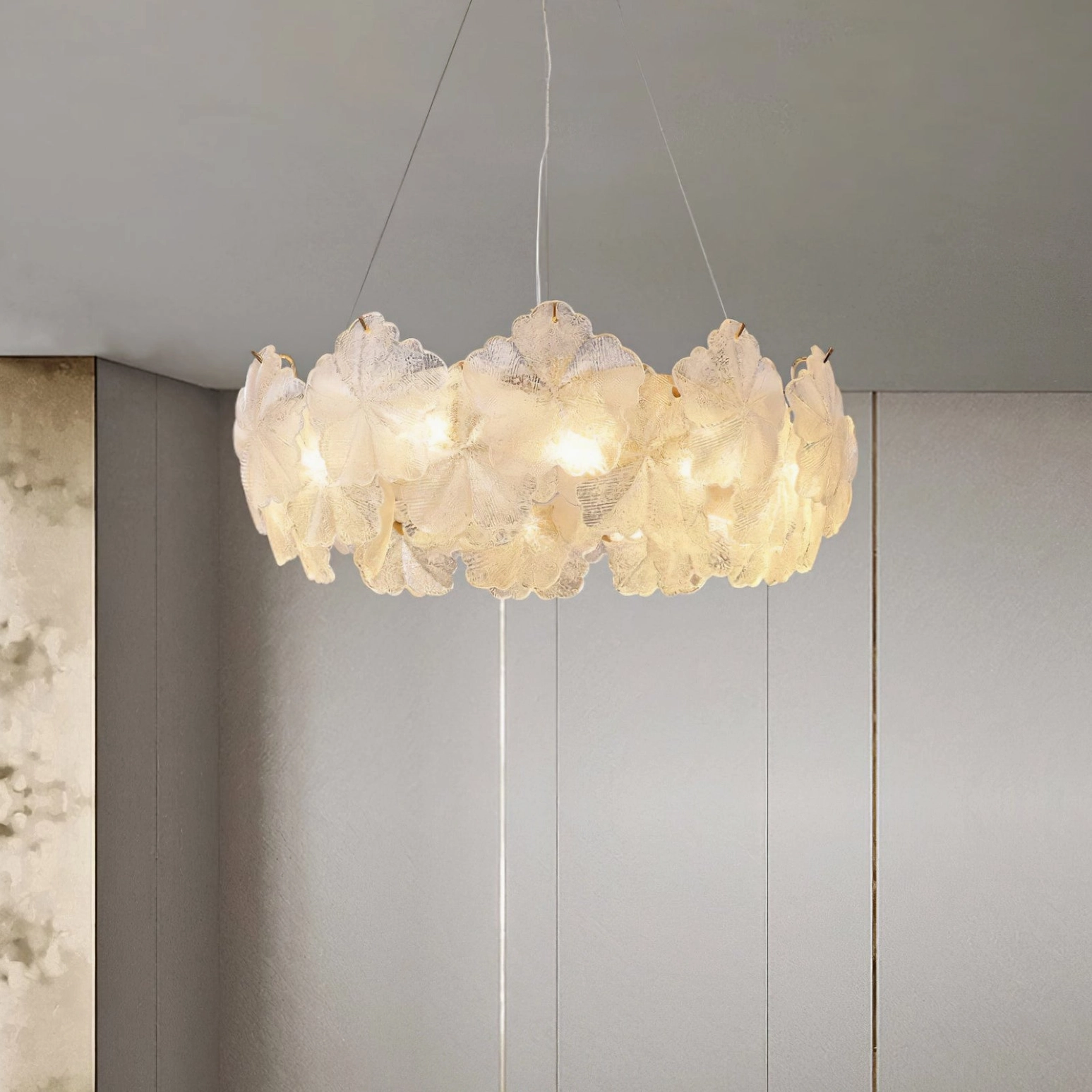 Valery crystal chandelier detail shot showing frosted petal glass and gold metalwork