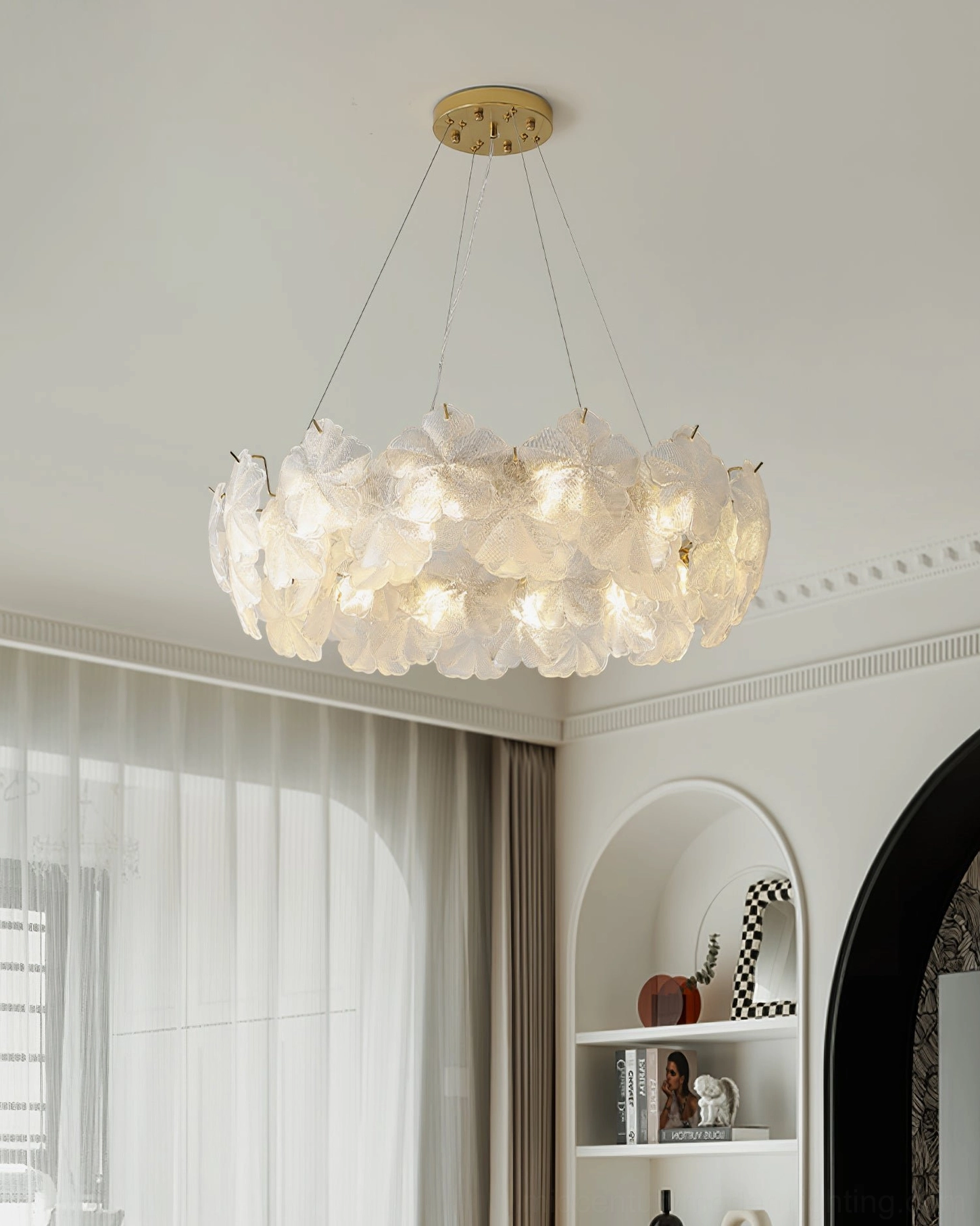 Single-layer Valery frosted glass chandelier low angle view, French room with display shelf