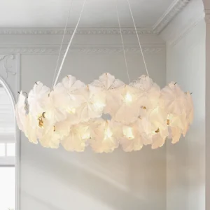 Single-ring Valery crystal chandelier installed on European plaster ceiling, frosted petal glass