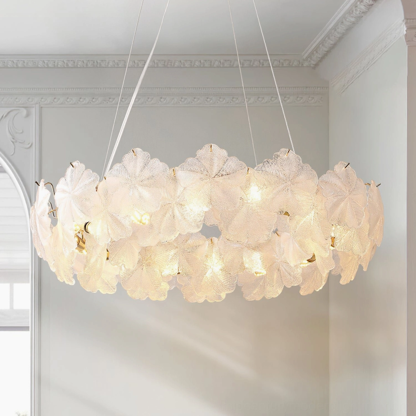 Single-ring Valery crystal chandelier installed on European plaster ceiling, frosted petal glass