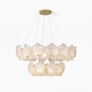 Valery two-tier frosted glass chandelier overhead view, gold hardware, studio shot