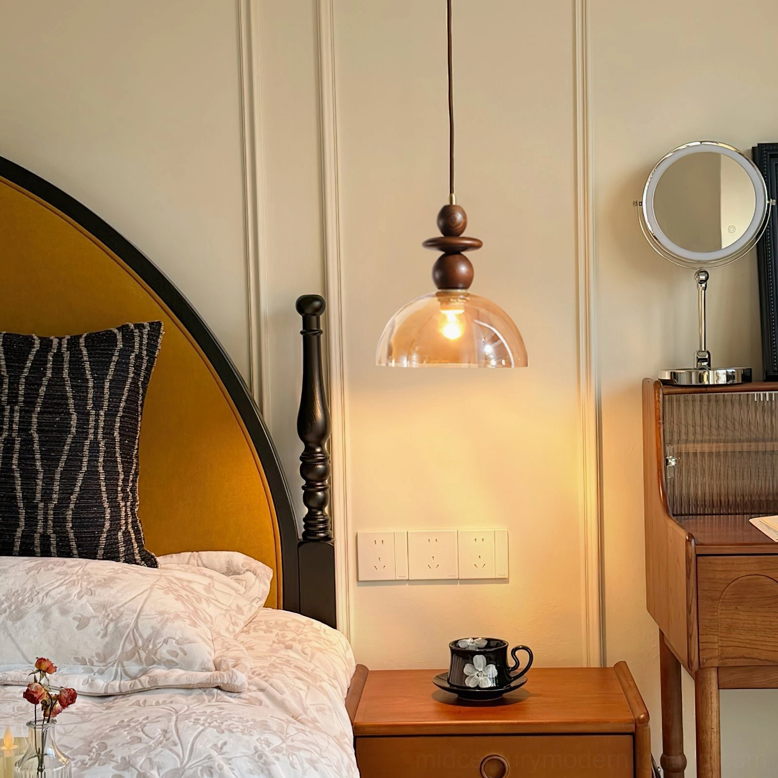 Valeska pendant light in vintage bedroom with warm ambient lighting and vanity setup