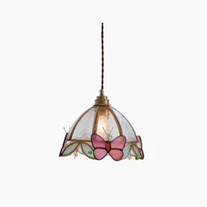 Valinte stained glass butterfly pendant light with pink and gold butterfly design hanging against plain white studio background, front view showing full fixture