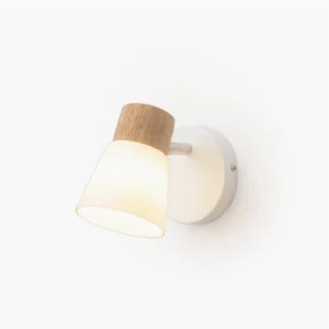 Valku modern wall sconce with frosted glass shade and natural wood finish on white background, minimalist Nordic design