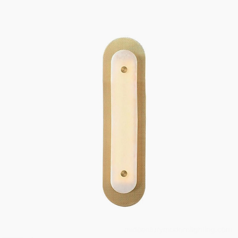 Vance Alabaster Wall Sconce front view showing dual brass accent points and perforated frame detail