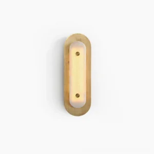 Vance Alabaster Wall Sconce front view with perforated brass frame on white background, modern minimalist design