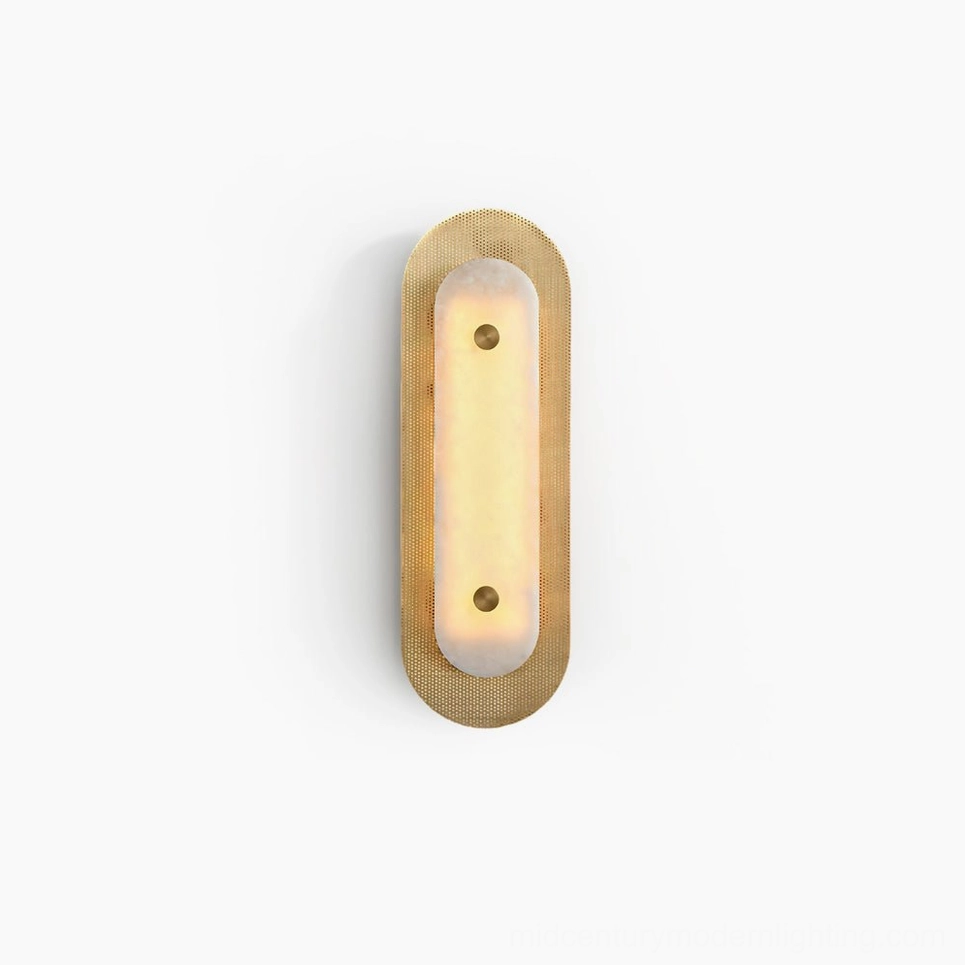 Vance Alabaster Wall Sconce front view with perforated brass frame on white background, modern minimalist design