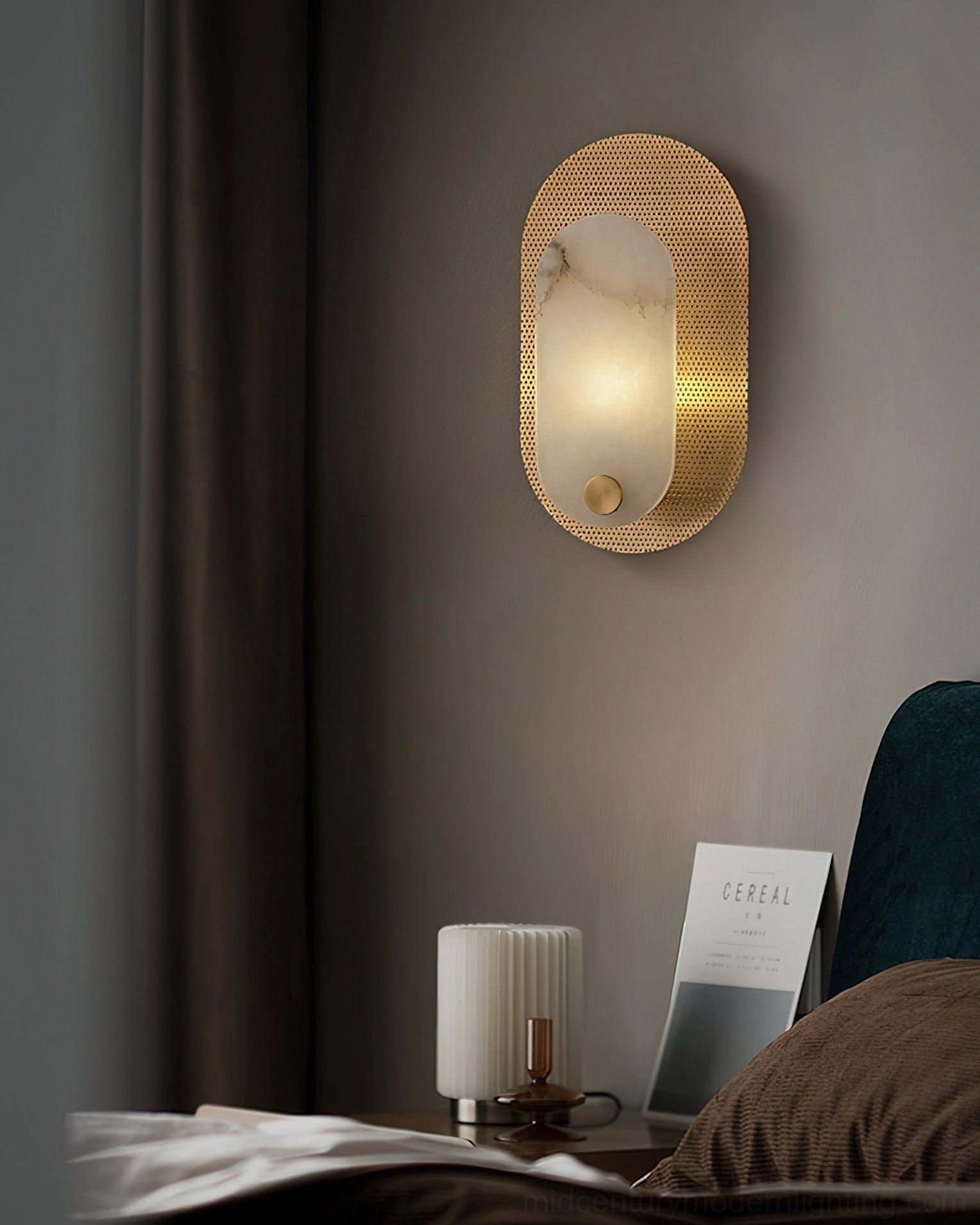 Vance Alabaster Wall Sconce in modern bedroom setting, casting warm ambient light