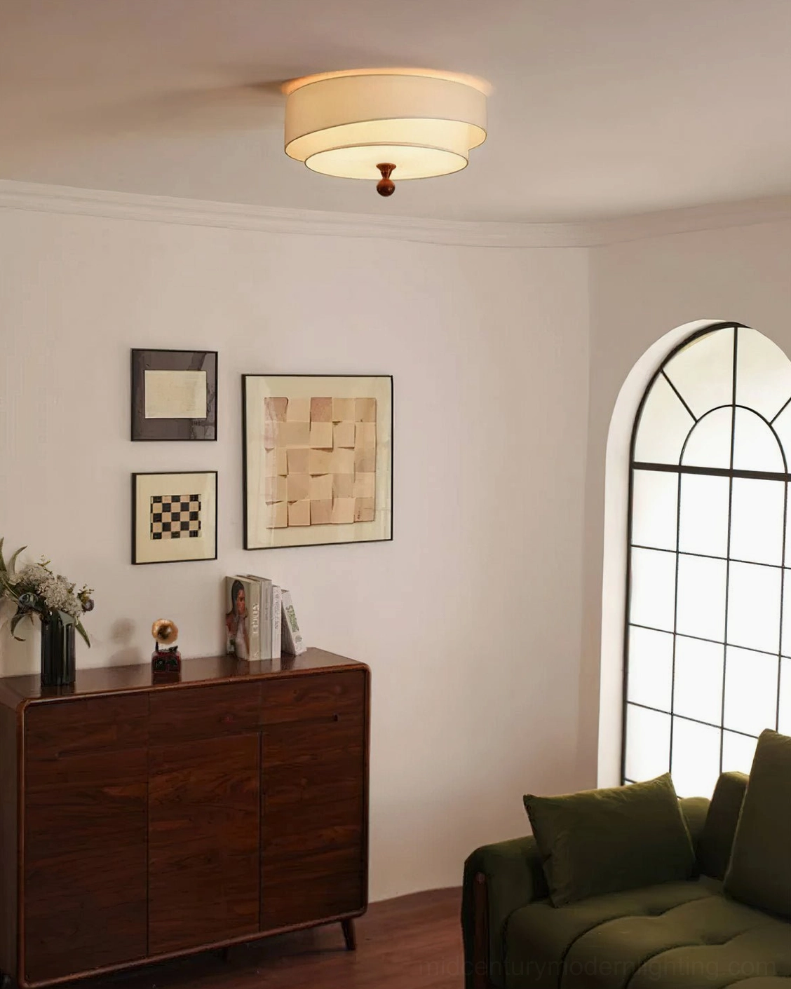 Vanelia flush mount ceiling lamp in compact size with cream dual-layer shade, installed in vintage living room showing soft ambient light distribution and wooden mounting finial