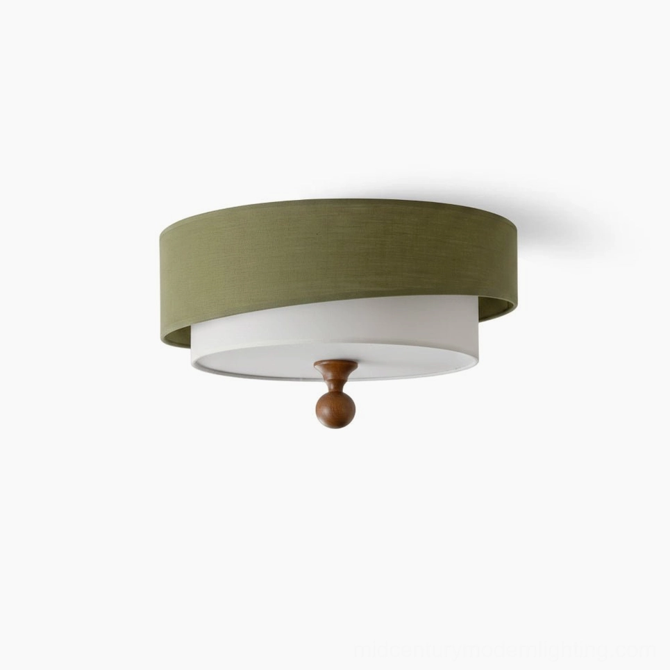 Vanelia mid-century flush mount ceiling lamp with dual-layer olive green and cream fabric shade, front view showcasing the textured linen outer layer and wooden finial