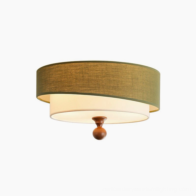 Vanelia statement model ceiling lamp in olive green and cream, large format view demonstrating the architectural presence, dual-layer drum shade design, and mid-century modern aesthetic