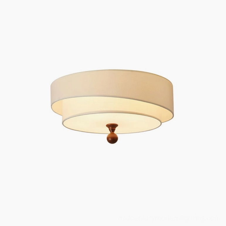 Vanelia mid-century modern ceiling lamp in white cream color variant, detailed side view showcasing the flush mount design, fabric shade construction, and decorative wood finial
