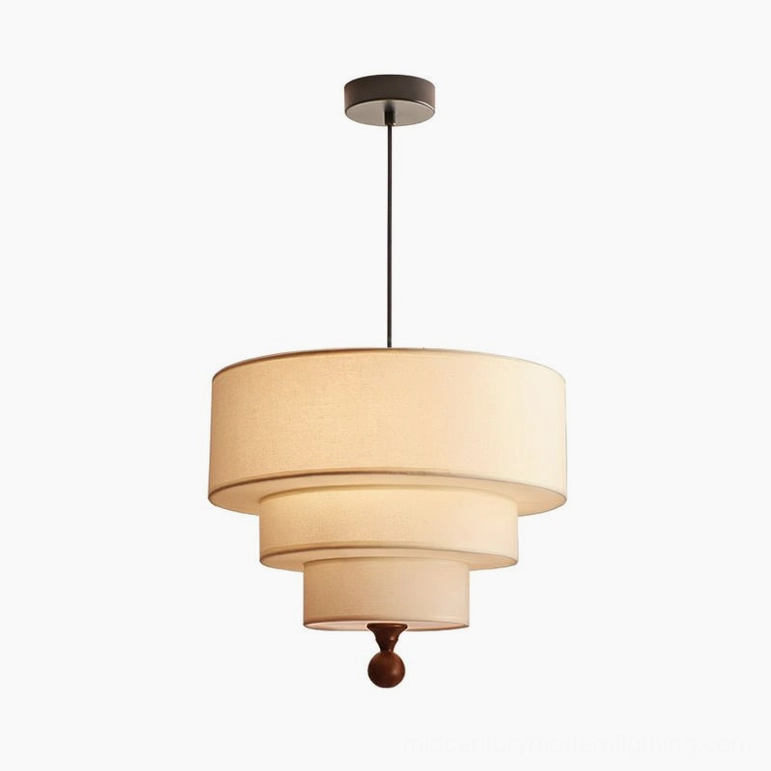 Vanelia large all-white tri-tier pendant lamp (21.7 inches), pure white fabric shades with wooden finial, mid-century modern minimalist design