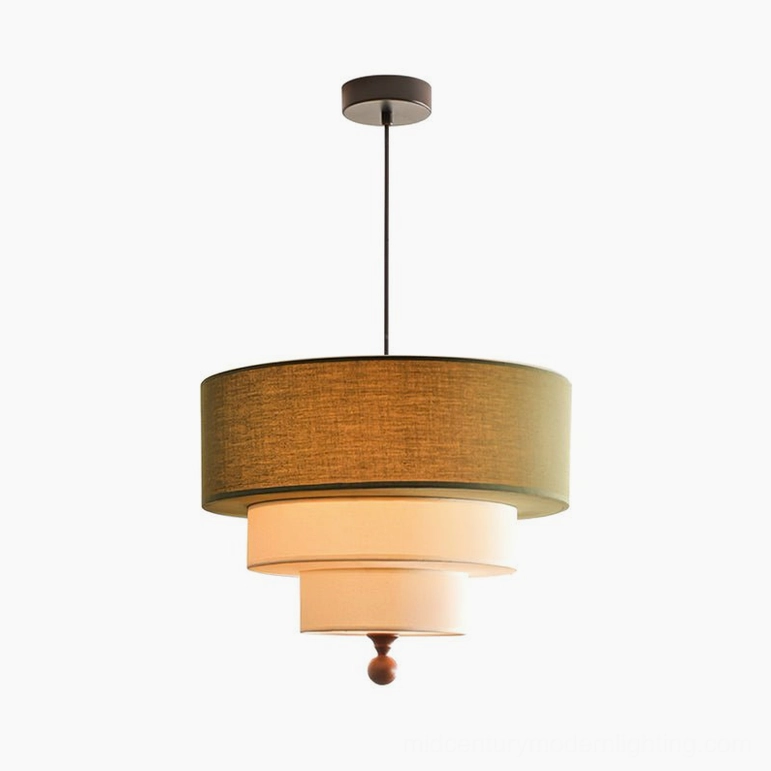 Vanelia green and white mid-century modern tri-tier pendant lamp studio shot, olive green top shade with cream-white fabric lower tiers and wooden finial