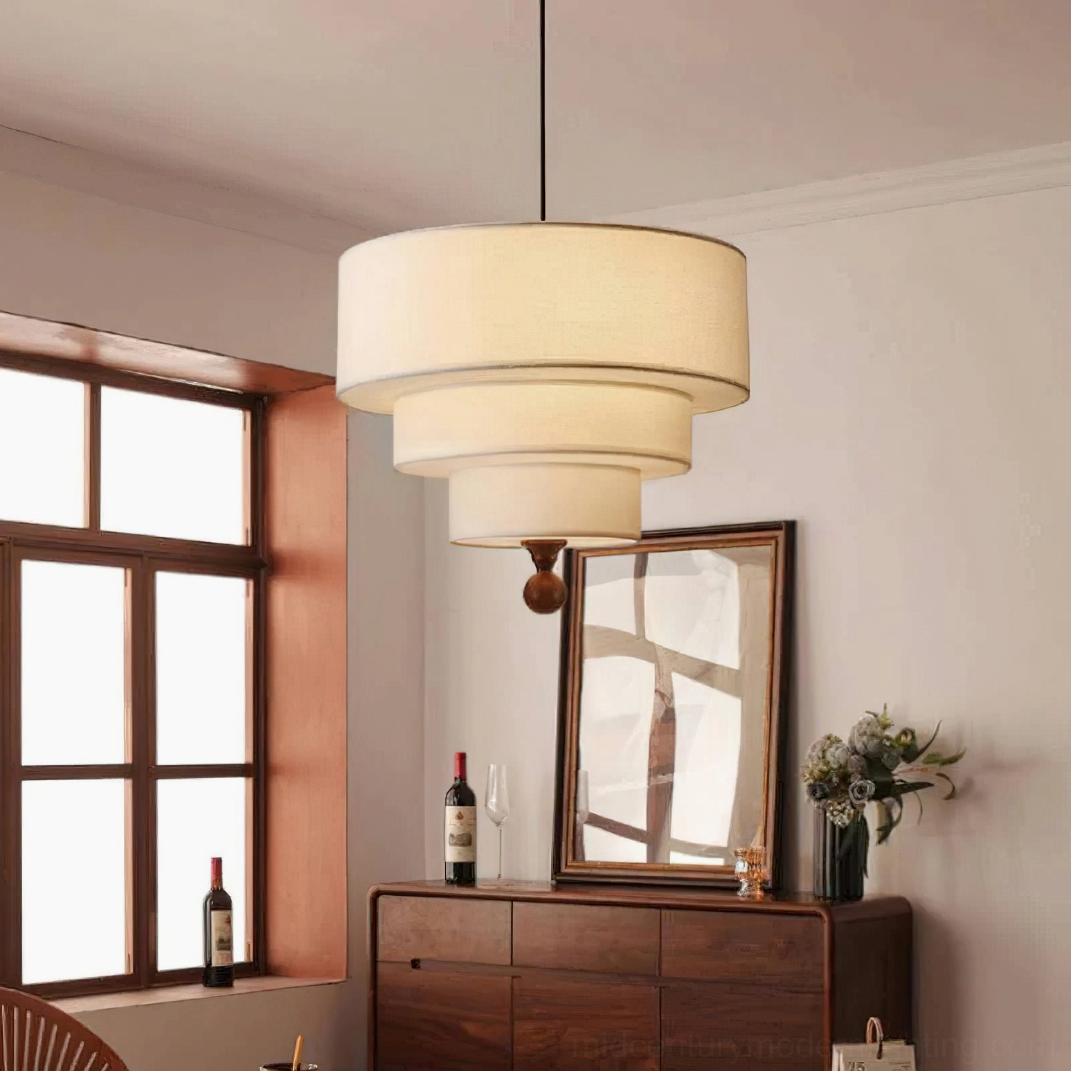 Vanelia mid-century modern pendant lamp detail shot showing tri-tier fabric construction, wooden finial base, and metal hardware assembly