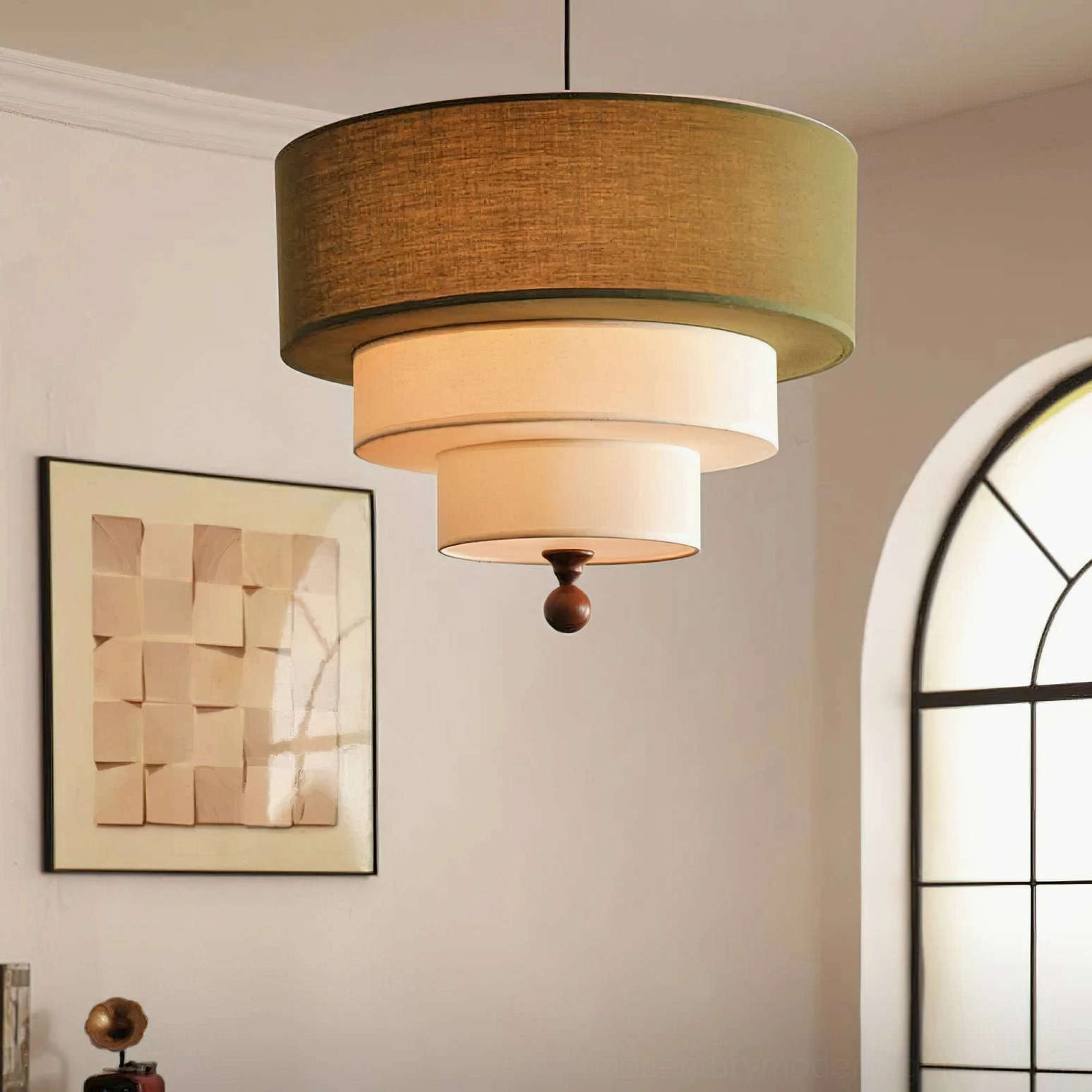 Vanelia tri-tier pendant lamp front direct view showing olive green fabric top shade, cream-white fabric tiers, wooden finial and metal hardware in minimalist retro style