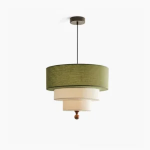 Vanelia mid-century modern tri-tier pendant lamp with olive green top fabric shade and off-white lower tiers, featuring wooden finial - front studio view