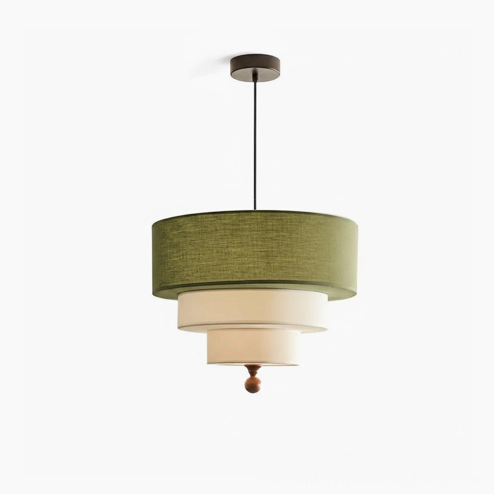 Vanelia mid-century modern tri-tier pendant lamp with olive green top fabric shade and off-white lower tiers, featuring wooden finial - front studio view