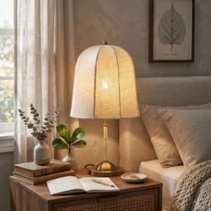 Vanna table lamp styled on bedroom nightstand with books and indoor plants, warm ambient lighting