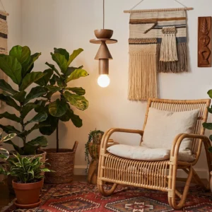 Single Vanya wood pendant light hanging in bohemian living room with rattan lounge chair
