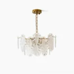 Varvara cloud glass chandelier front view with hand-textured scalloped glass panels and warm gold metal frame