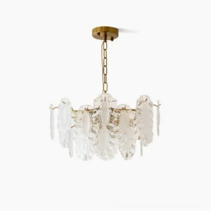 Varvara cloud glass chandelier front view with hand-textured scalloped glass panels and warm gold metal frame