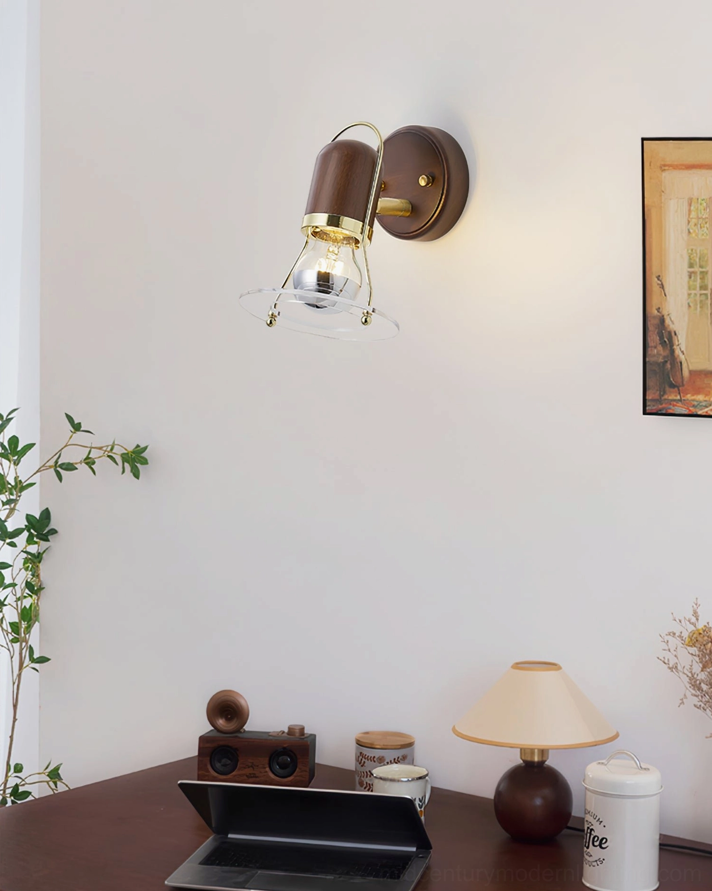 Vaughan mid-century wall sconce paired with vintage desk in home study creating focused task lighting