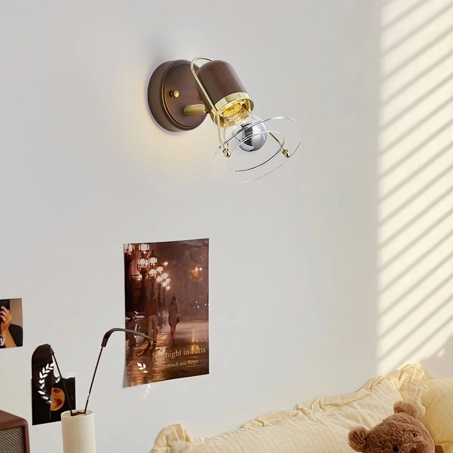 Vaughan wall sconce installed in warm retro Japanese bedroom lounge area creating ambient warm glow
