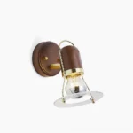 Vaughan mid-century modern walnut wall sconce with brass trim and clear acrylic shade - front view on white background