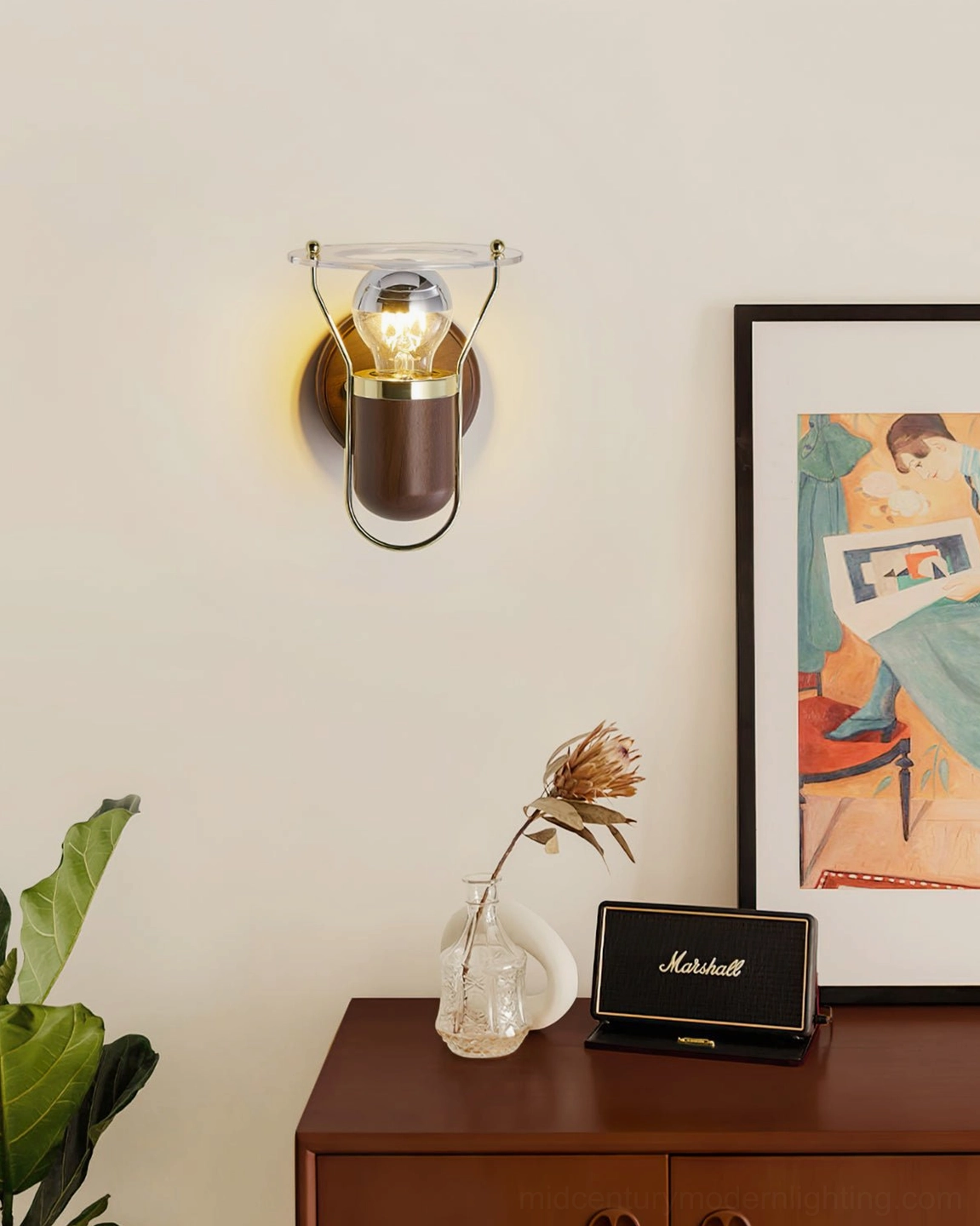 Vaughan mid-century wall sconce in minimalist interior showing warm lighting performance and design