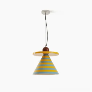 Veepee striped cone pendant lamp with yellow and blue color-blocking, hanging against minimalist white studio background showing front view