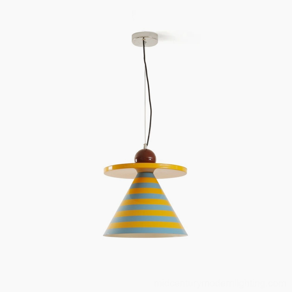Veepee striped cone pendant lamp with yellow and blue color-blocking, hanging against minimalist white studio background showing front view