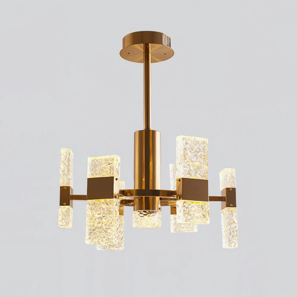 7-head Vega modern brass chandelier with textured clear glass and warm LED lighting