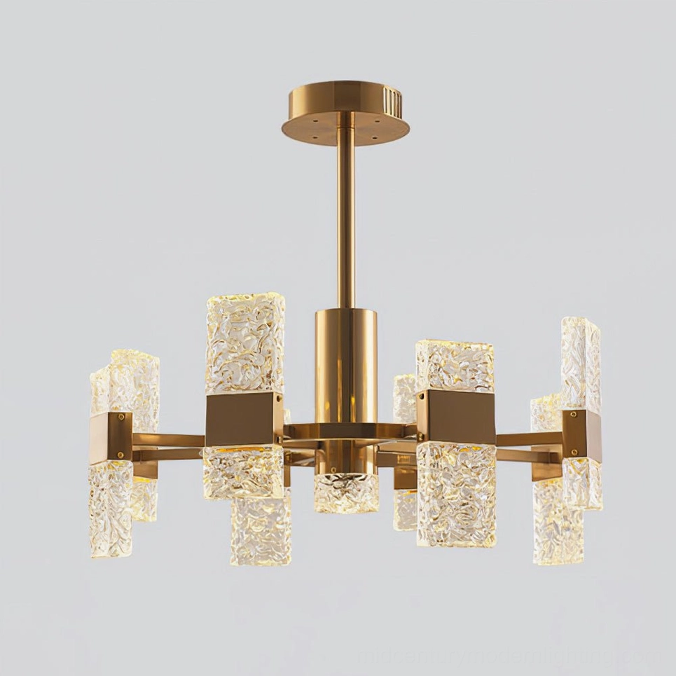 9-head Vega mid-century modern chandelier with integrated LED and brushed gold finish