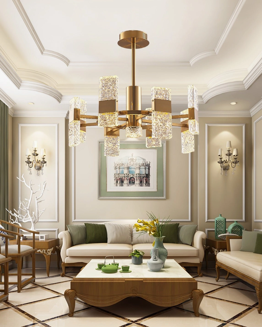 Vega gold chandelier in classic American luxury living room with vintage coffee table