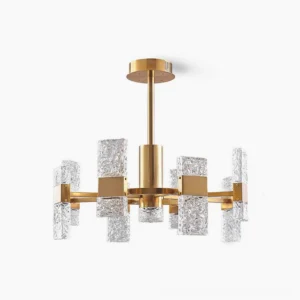 Vega mid-century modern brass chandelier with textured glass shades, studio front view
