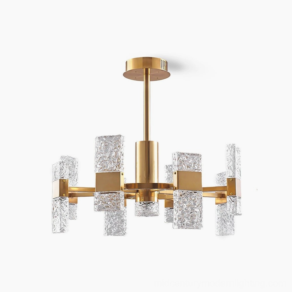 Vega mid-century modern brass chandelier with textured glass shades, studio front view