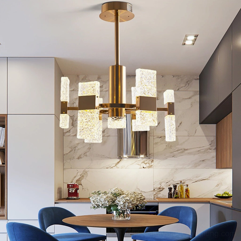 Vega brass chandelier in contemporary kitchen-dining space with marble backsplash