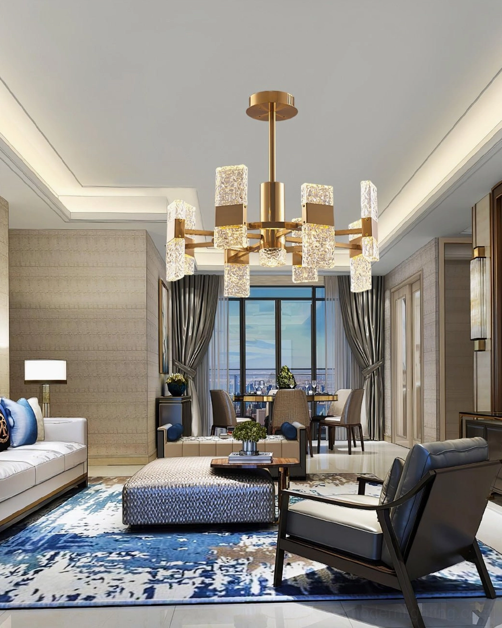 Vega mid-century modern chandelier in spacious living room with blue patterned rug